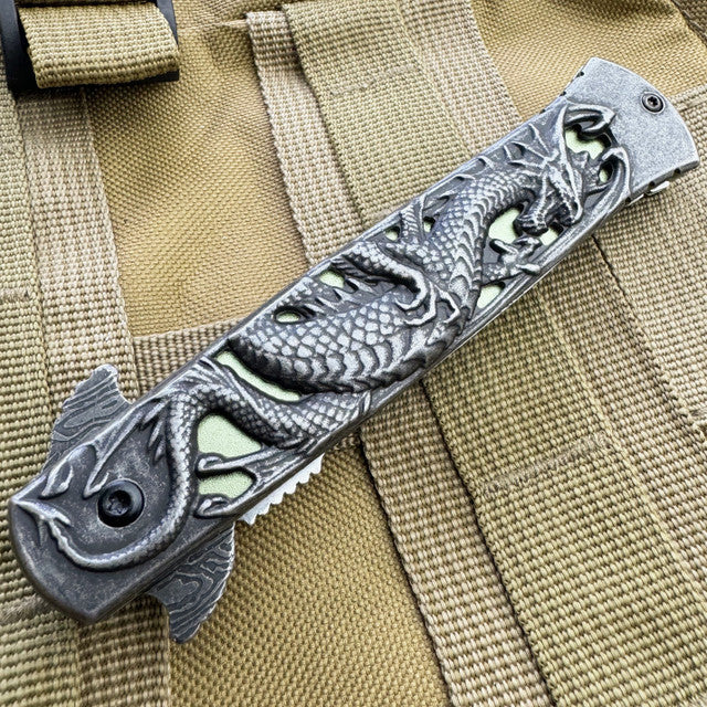 8.75" DRAGON Stiletto Spring Assisted Etch Blade FOLDING POCKET KNIFE Grey