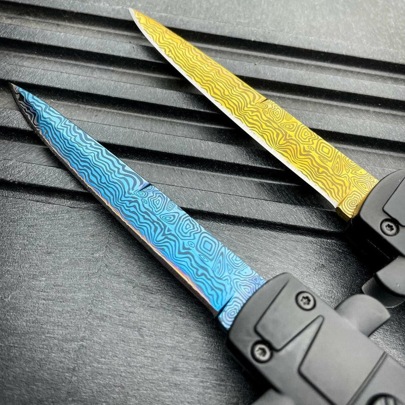 9" Italian Stiletto Style OTF Knife Damascus Etch - BLADE ADDICT