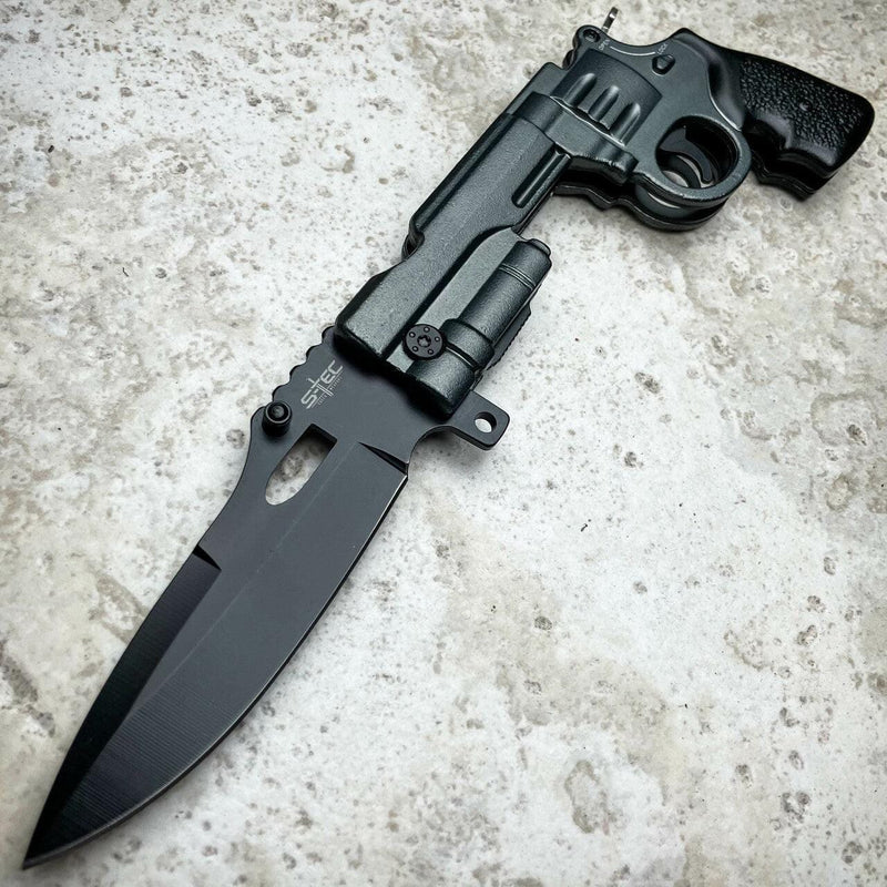 9" REVOLVER Tactical Pistol Replica Gun Spring OPEN Assisted Grey Pocket Knife - BLADE ADDICT