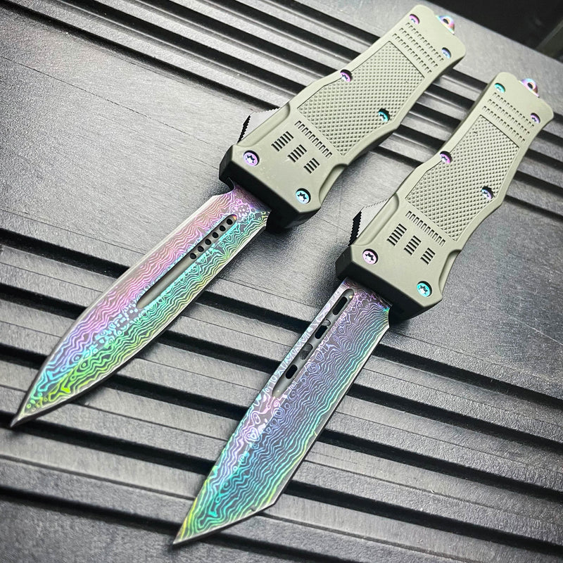 9" Damascus Rainbow STEEL Ghost OTF Tactical Pocket Knife - BLADE ADDICT