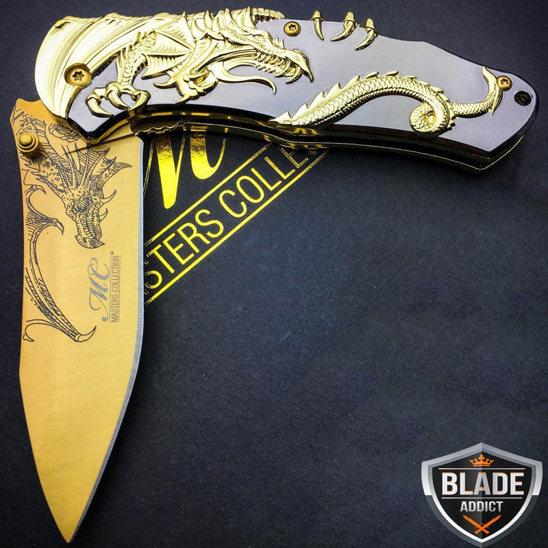 8" Gold Dragon Titanium Spring Assisted Open Blade Folding Pocket Knife Limited Edition - BLADE ADDICT