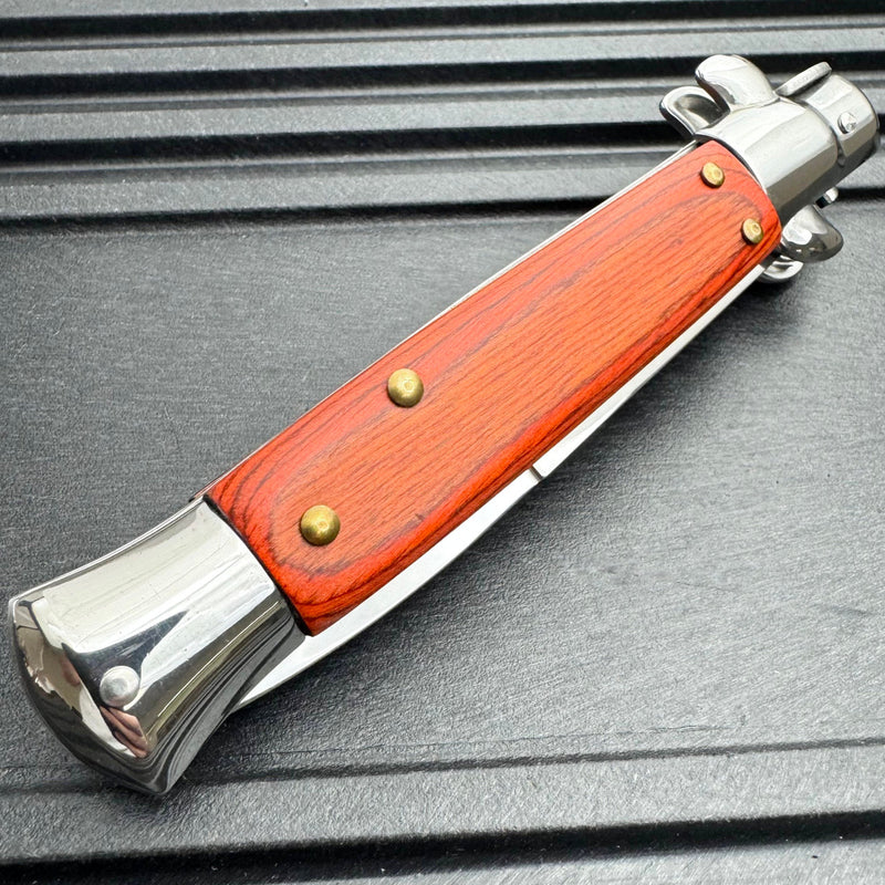 8.75" Classic Italian Stiletto Switch Blade Pocket Knife Wood