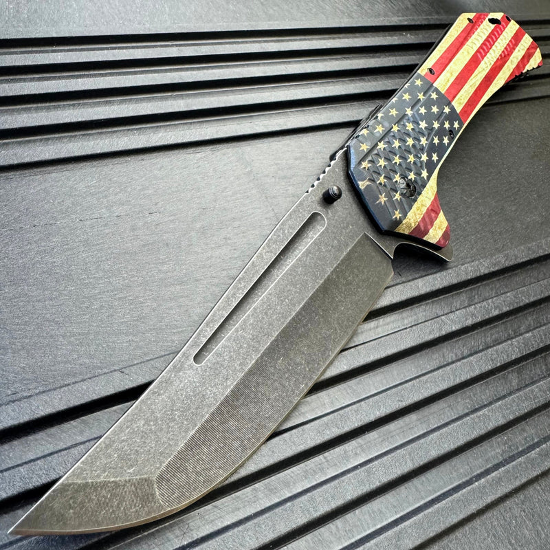 12.25 Huge Stonewashed Blade American Flag Spring Assisted Pocket Knife