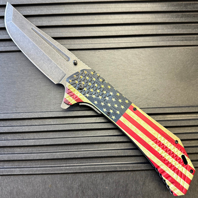 12.25 Huge Stonewashed Blade American Flag Spring Assisted Pocket Knife