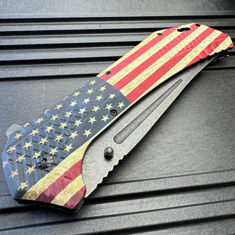 12.25 Huge Stonewashed Blade American Flag Spring Assisted Pocket Knife