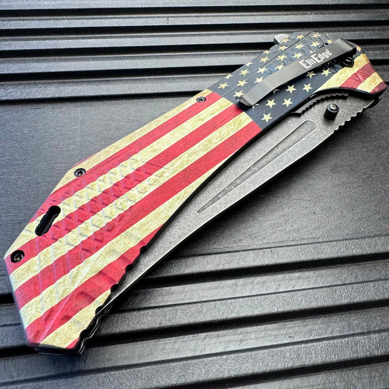 12.25 Huge Stonewashed Blade American Flag Spring Assisted Pocket Knife