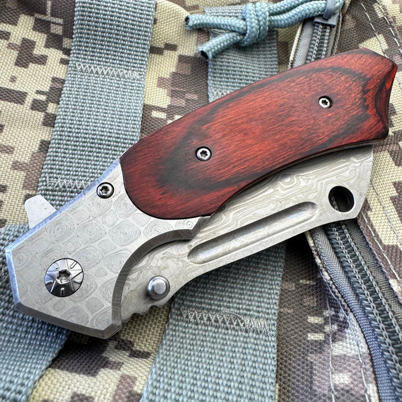 8" CLEAVER DAMASCUS ETCH Blade Spring Assisted Pocket Knife