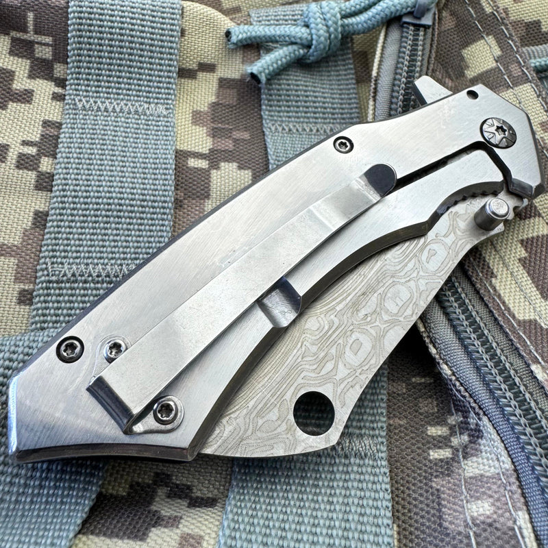 8" CLEAVER DAMASCUS ETCH Blade Spring Assisted Pocket Knife