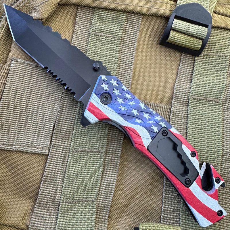 8" Tanto Blade American Flag Spring Assisted Rescue Pocket Knife