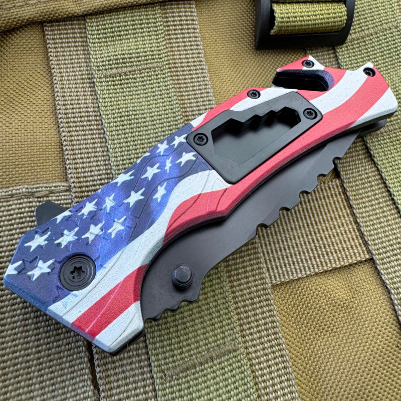 8" Tanto Blade American Flag Spring Assisted Rescue Pocket Knife