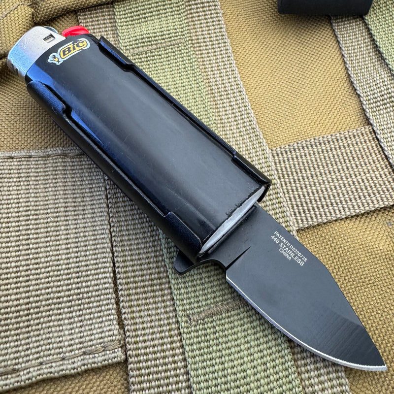Marijuana Leaf Cannabis Lighter Holder w/ Spring Assisted Open Folding Pocket Knife Bro EDC Multi-Tool