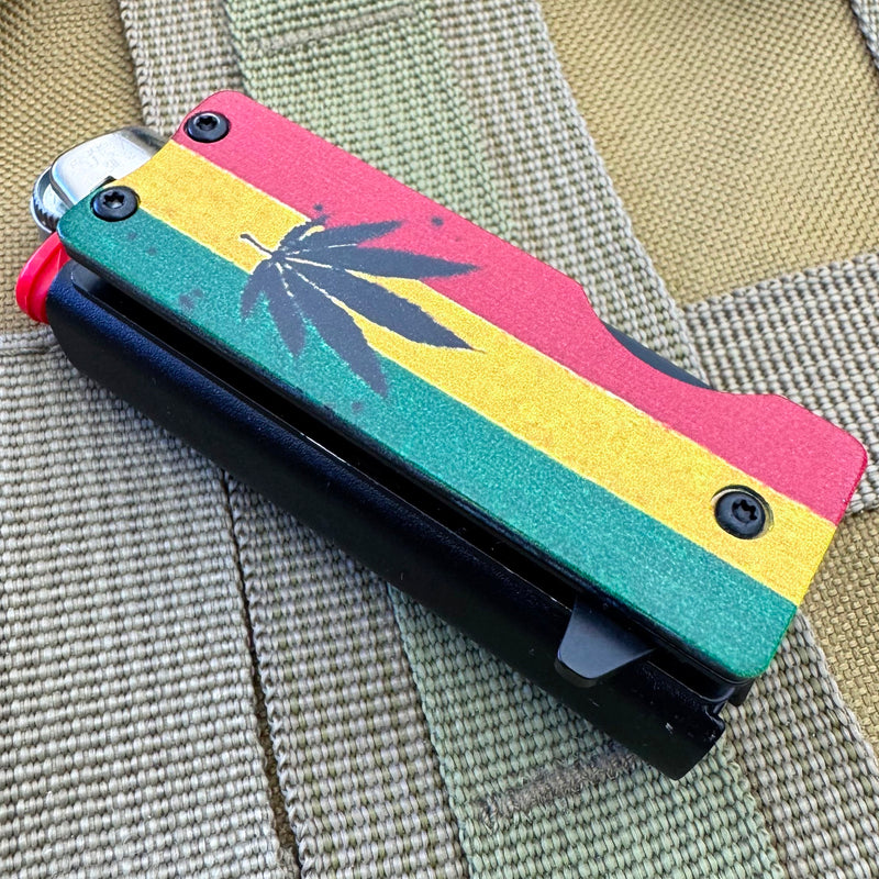 Marijuana Leaf Cannabis Lighter Holder w/ Spring Assisted Open Folding Pocket Knife Bro EDC Multi-Tool