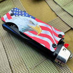Bald Eagle American Flag Lighter Holder w/ Spring Assisted Open Folding Pocket Knife Bro EDC Multi-Tool