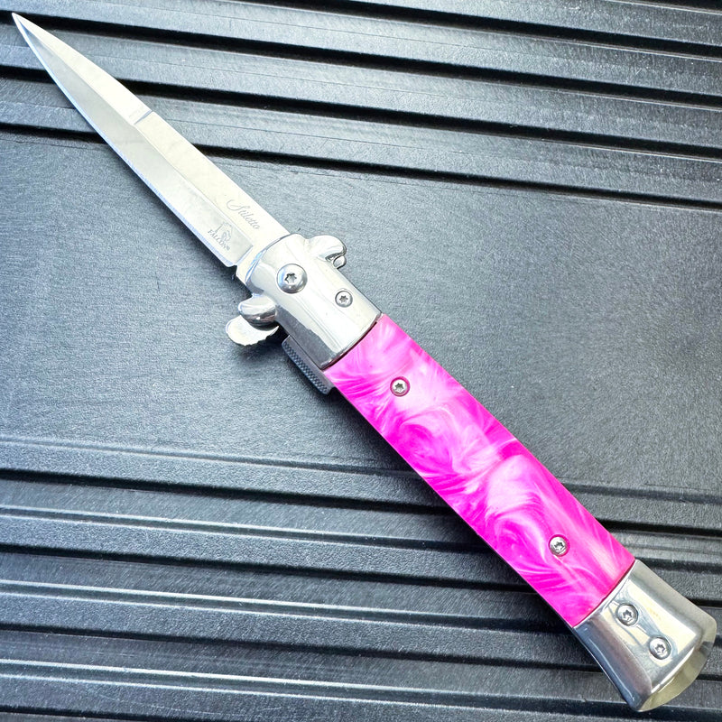 9" Pink Premium Italian Milano Stiletto Tactical Spring Assisted Pocket Knife