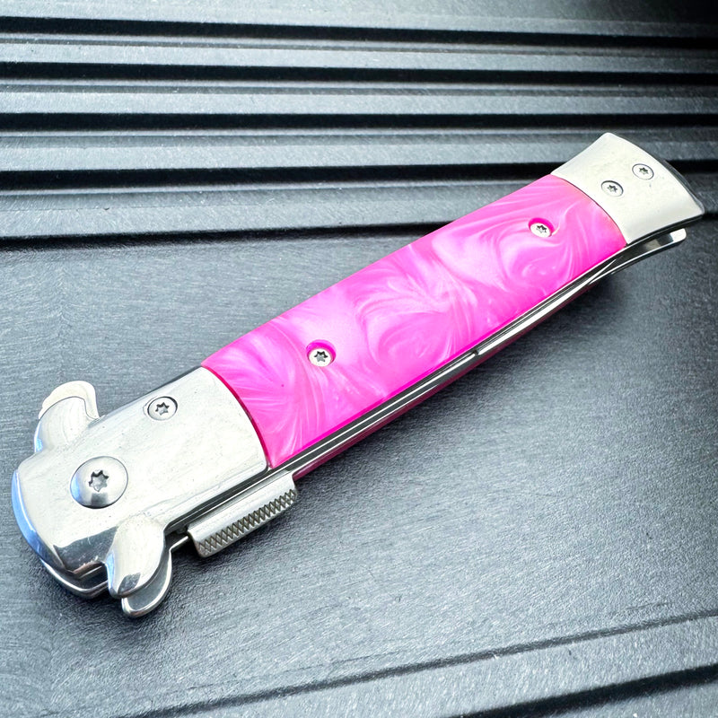 9" Pink Premium Italian Milano Stiletto Tactical Spring Assisted Pocket Knife