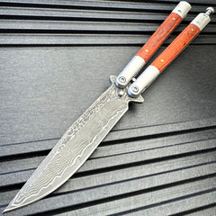 Damascus Etch Wood Handle Balisong Butterfly Knife