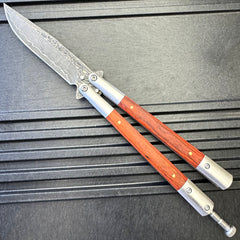 Damascus Etch Wood Handle Balisong Butterfly Knife