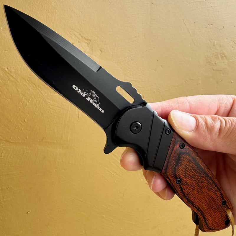8" OLD RAM BLACK WOOD Gentleman SPRING ASSISTED OPEN Hunting Folding POCKET KNIFE