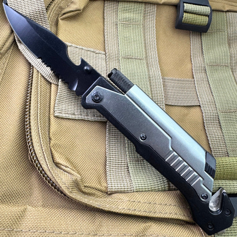 8.5" Survival Rescue Pocket Knife w/ LED Light Grey
