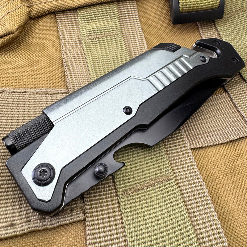8.5" Survival Rescue Pocket Knife w/ LED Light Grey
