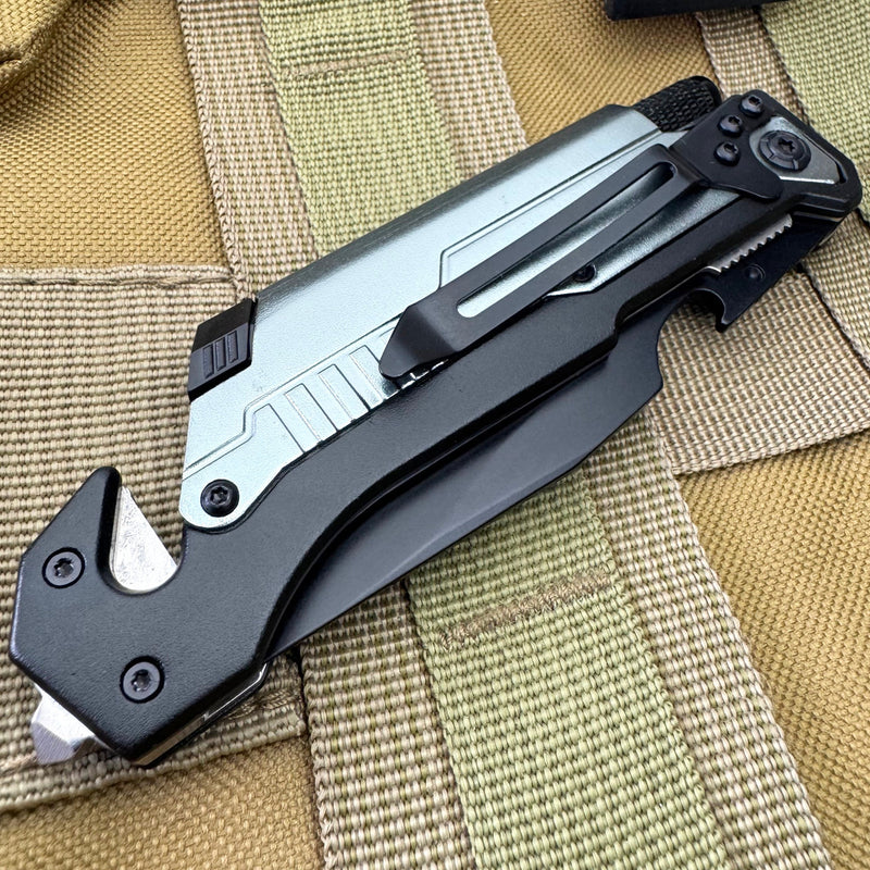 8.5" Survival Rescue Pocket Knife w/ LED Light Grey
