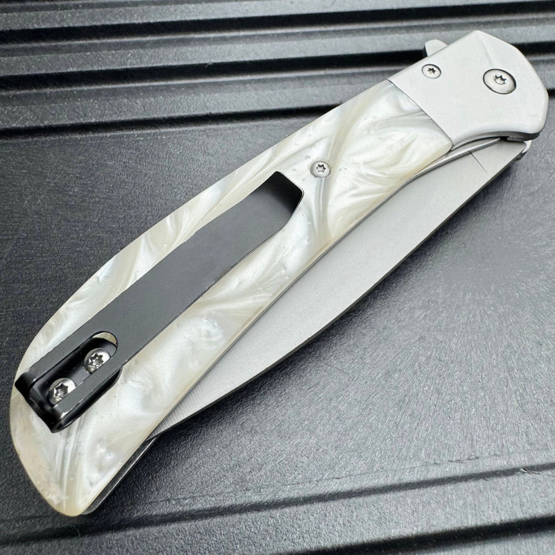 8.25" Classic Gentleman's Spring Assisted Folding Open Pocket Knife - White Inlay