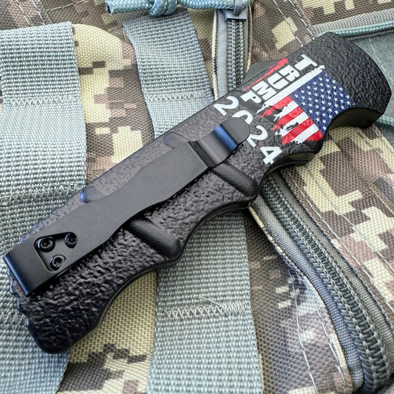 8.75" Distressed Trump 2024 American Flag OTF Folding Pocket Knife