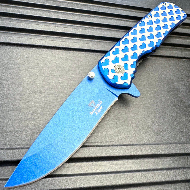 8" Heart Engraved Assisted Pocket Knife EDC Folding Knife Two Tone Handle