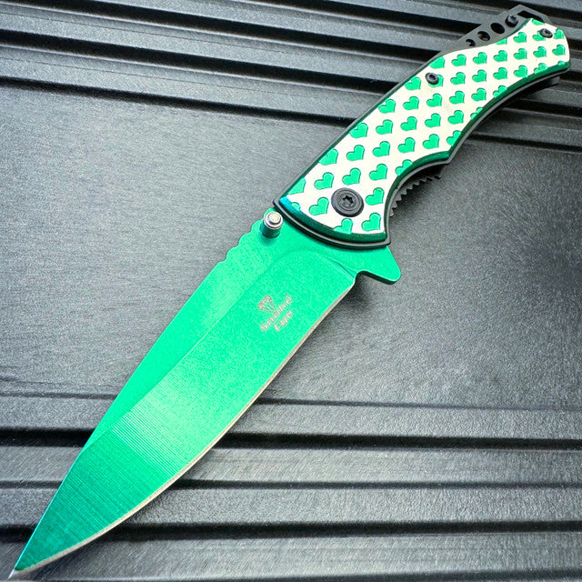 8" Heart Engraved Assisted Pocket Knife EDC Folding Knife Two Tone Handle