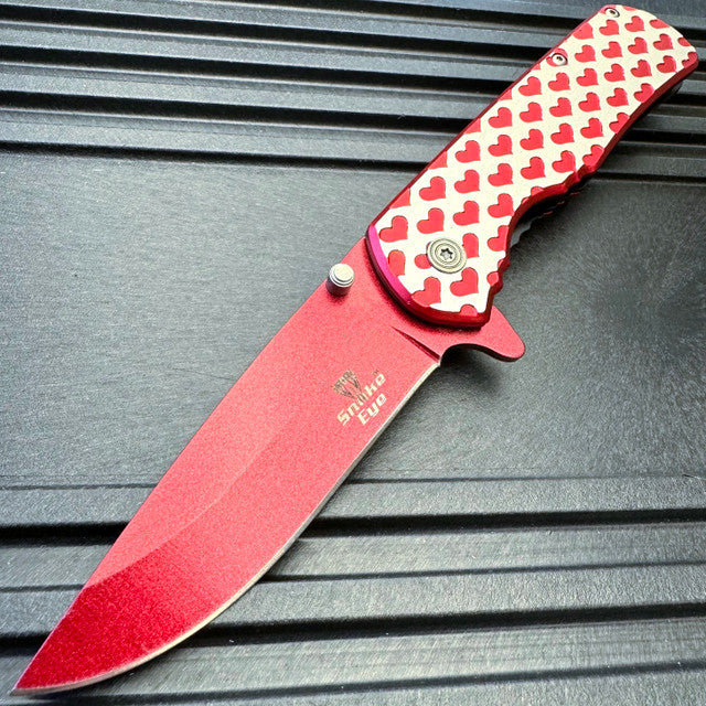 8" Heart Engraved Assisted Pocket Knife EDC Folding Knife Two Tone Handle