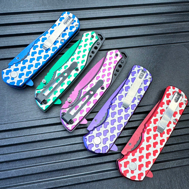 8" Heart Engraved Assisted Pocket Knife EDC Folding Knife Two Tone Handle