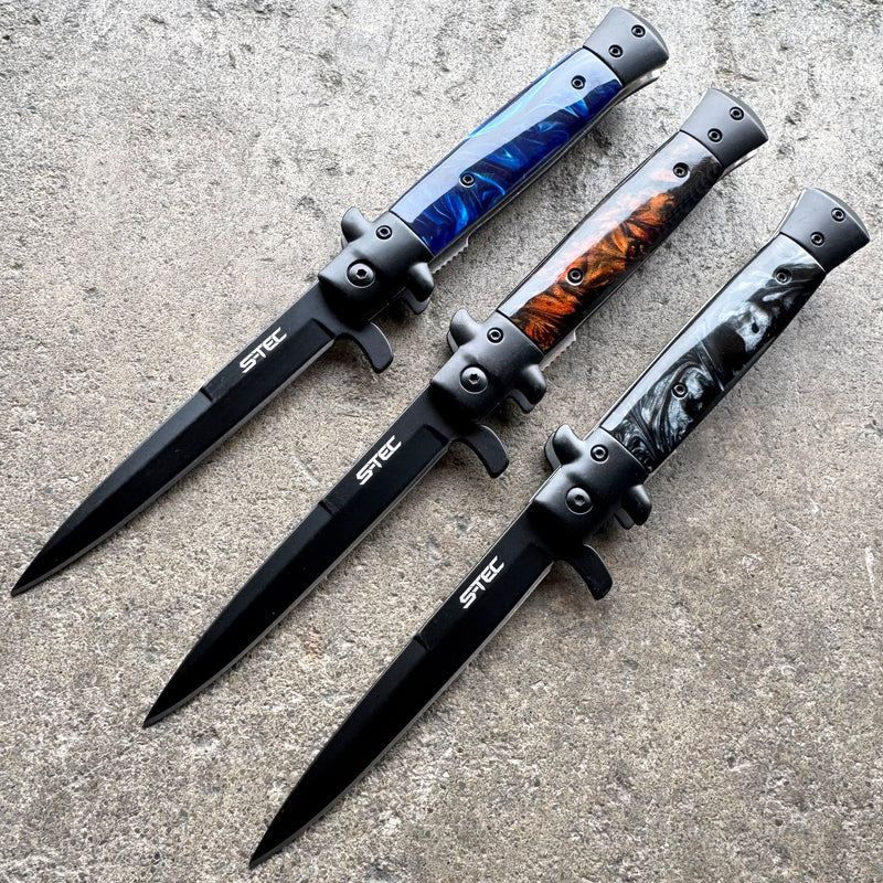 9" Classic Italian Milano Spring Assist Open Folding Stiletto Pocket Knife Blade BLACK