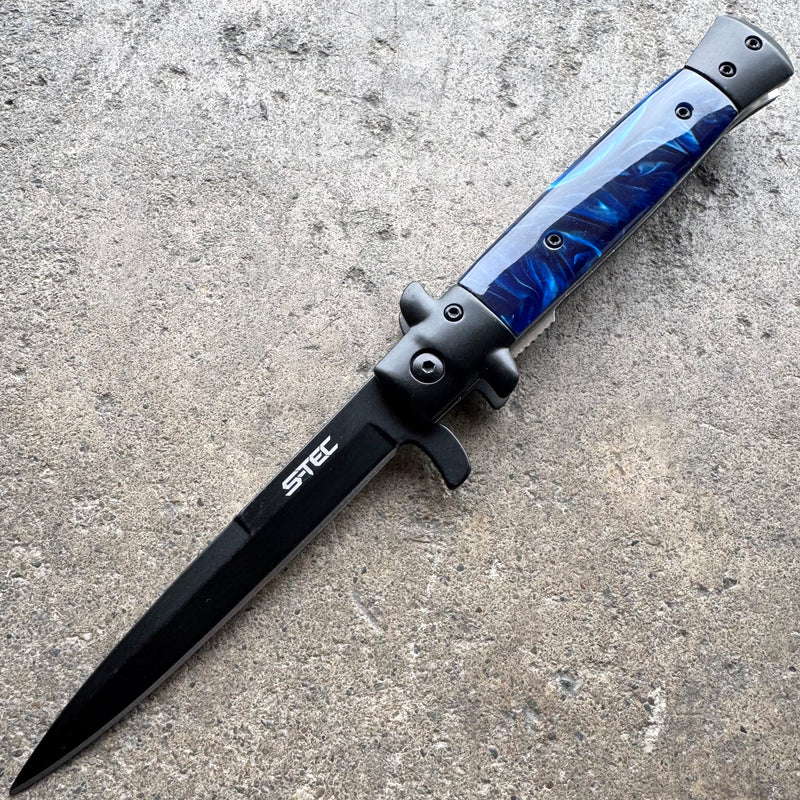 9" Classic Italian Milano Spring Assist Open Folding Stiletto Pocket Knife Blade BLACK