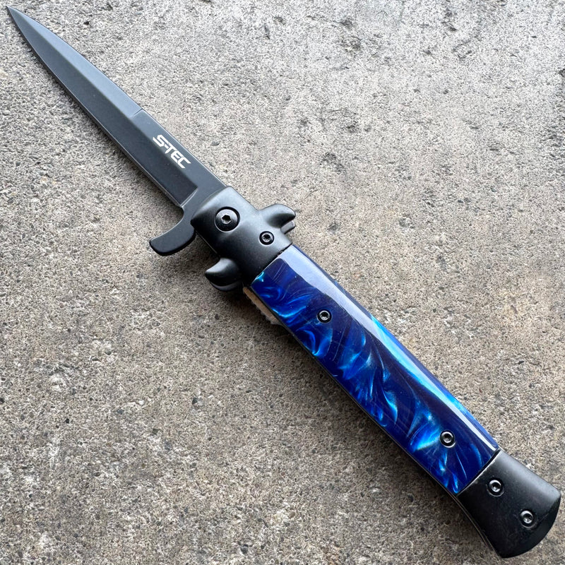 9" Classic Italian Milano Spring Assist Open Folding Stiletto Pocket Knife Blade BLACK