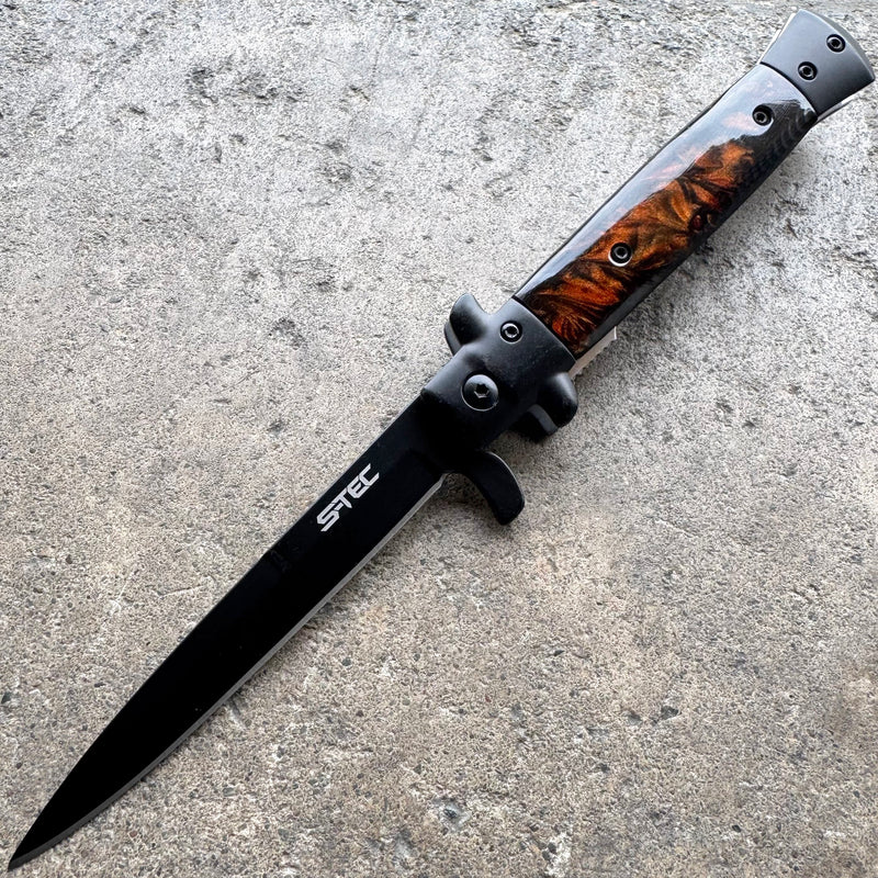 9" Classic Italian Milano Spring Assist Open Folding Stiletto Pocket Knife Blade BLACK