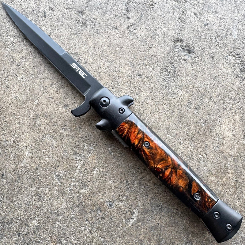 9" Classic Italian Milano Spring Assist Open Folding Stiletto Pocket Knife Blade BLACK