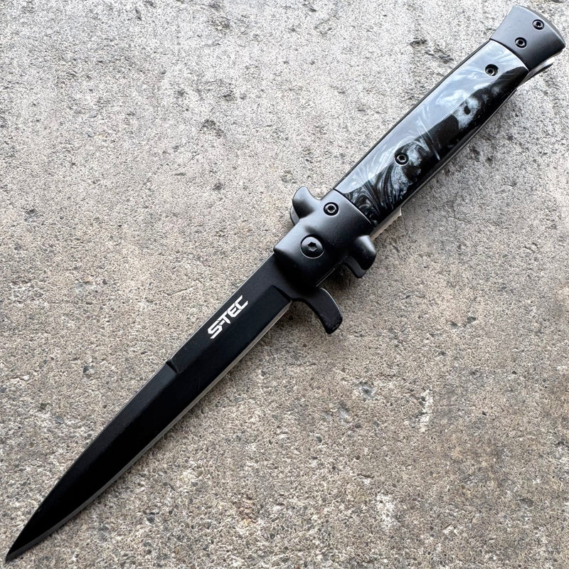 9" Classic Italian Milano Spring Assist Open Folding Stiletto Pocket Knife Blade BLACK