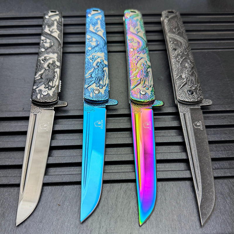 Dragon Engraved Spring Assisted Pocket Knife