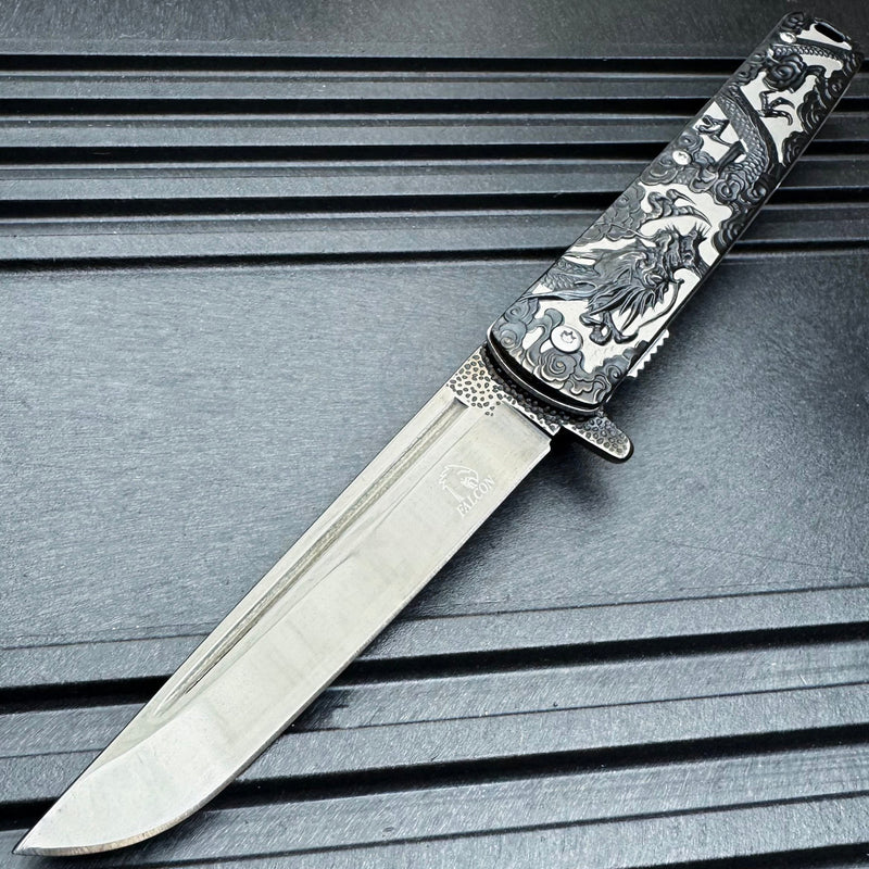 Dragon Engraved Spring Assisted Pocket Knife