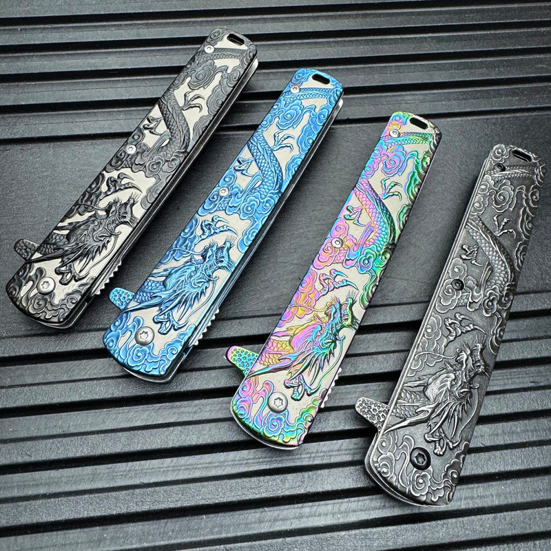 Dragon Engraved Spring Assisted Pocket Knife