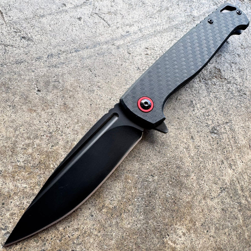 Clip Point Black Coated Pocket Knife – Carbon Fiber Handle, Ball Bearing Assisted Knife