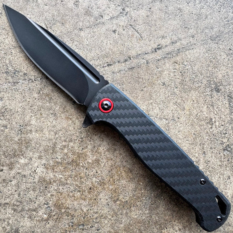 Clip Point Black Coated Pocket Knife – Carbon Fiber Handle, Ball Bearing Assisted Knife