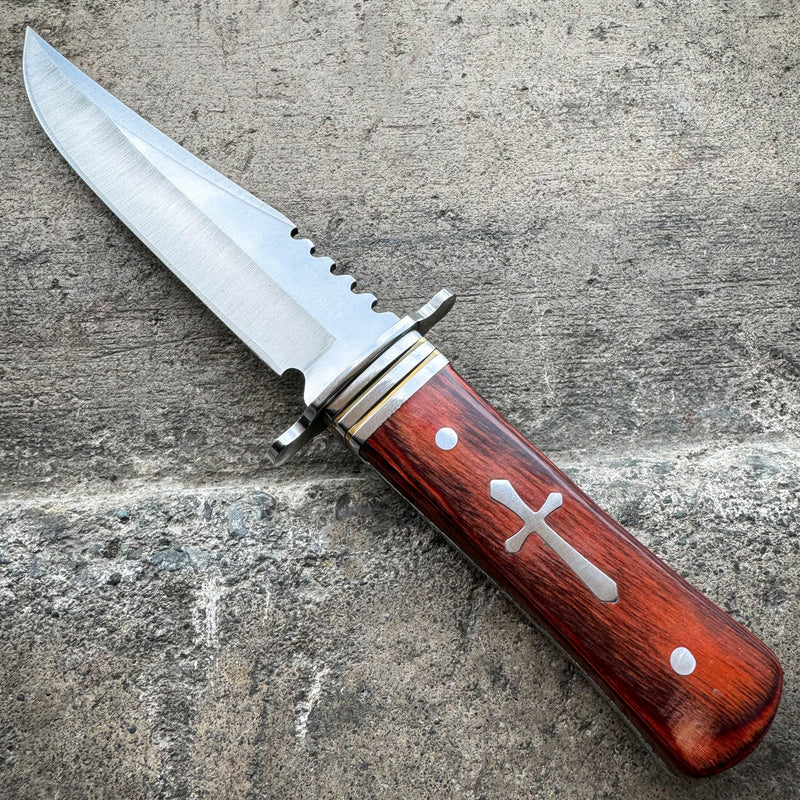 11" STAINLESS STEEL CELTIC CROSS HUNTING KNIFE WOOD HANDLE Gothic Skinning BROWN