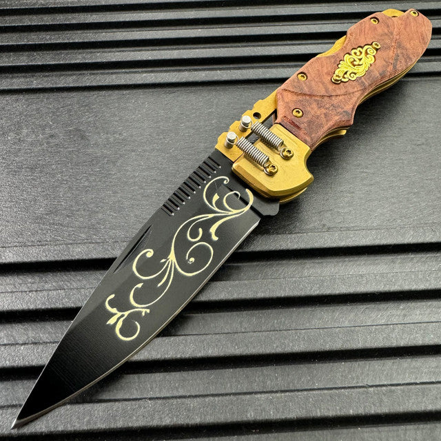 S-TEC Steampunk Spine Lock A/O Folding Knife 3.5" Damascus Steel Blade Wood