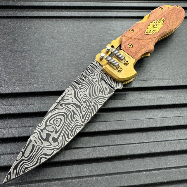 S-TEC Steampunk Spine Lock A/O Folding Knife 3.5" Damascus Steel Blade Wood
