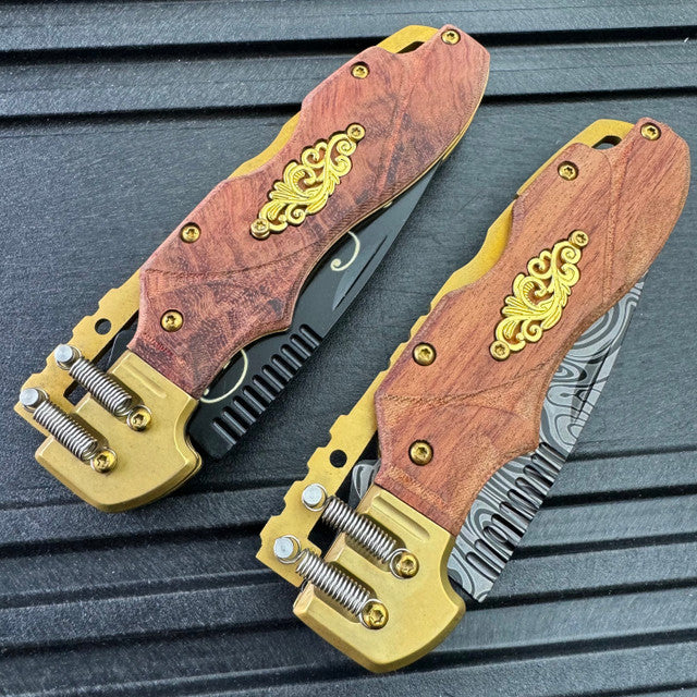 S-TEC Steampunk Spine Lock A/O Folding Knife 3.5" Damascus Steel Blade Wood