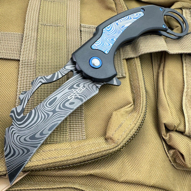 STEC 8.5" Military Damascus Spring Assisted Folding Pocket Knife Karambit Blade