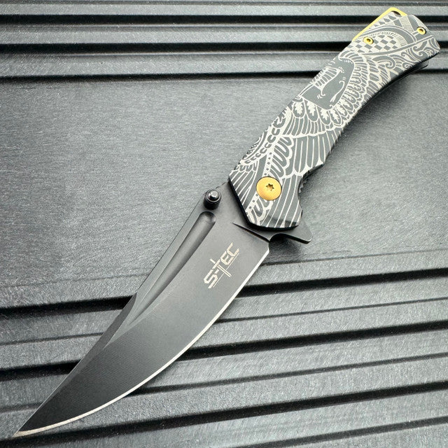 STEC Military Tactical Spring Assisted Folding Pocket Knife Trailing Point Blade