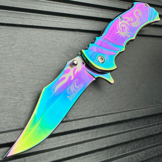 Rainbow Dragon Flame Tactical Spring Assisted Open Folding Pocket Knife Blade