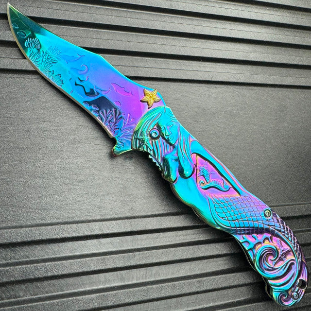 9" RAINBOW MERMAID OCEAN SPRING ASSISTED FOLDING KNIFE Blade Pocket Sea Fantasy